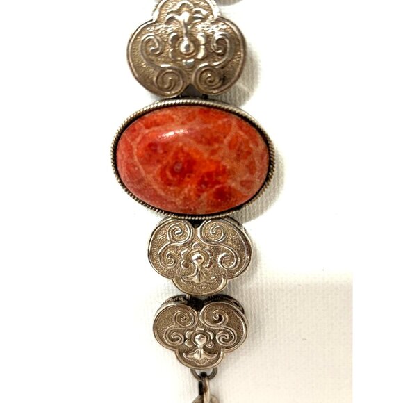 Vintage Marked Sterling Silver & Red Stone Adjustable Bracelet Estate Jewelry - Picture 5 of 13